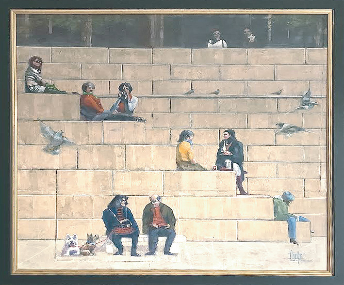 Lunchtime, Right Bank,  River Seine, Paris.    1m X 1m. by Terry Mullen |  Telephone: 01244 533 754 | Email:francisterencemullen@gmail.com